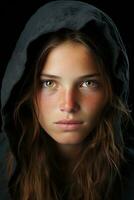 a young woman in a hooded jacket looking at the camera generative ai photo