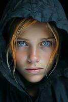 a young woman with blue eyes in a hooded jacket generative ai photo