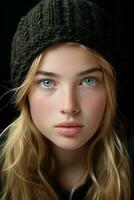 un joven mujer con azul ojos vistiendo un gorro generativo ai foto