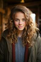 a young woman with curly hair standing in front of a wooden building generative ai photo