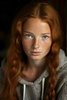 un joven mujer con rojo pelo y pecas generativo ai foto