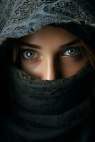 an image of a woman wearing a black scarf generative ai photo