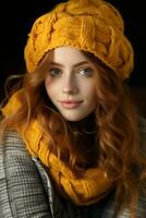 beautiful red haired girl wearing yellow hat and scarf generative ai photo