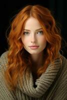 beautiful red haired woman with blue eyes generative ai photo