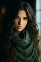 beautiful woman with long curly hair wearing green scarf generative ai photo