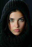 beautiful woman with green eyes in a black sweater generative ai photo