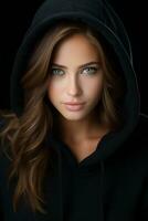 beautiful young woman in black hoodie on black background generative ai photo