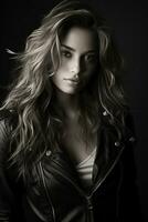 black and white photo of a beautiful woman in leather jacket generative ai