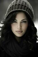 black and white photo of a woman wearing a hat and scarf generative ai