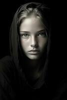 black and white portrait of a young woman with hood on generative ai photo