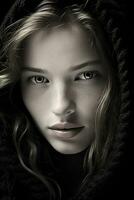 black and white portrait of a beautiful young woman in a black hoodie generative ai photo