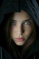 portrait of a beautiful young woman in a black hoodie generative ai photo