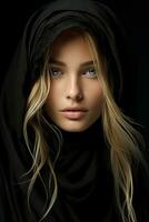 portrait of a beautiful young woman in black hijab on black background generative ai photo