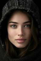 portrait of a beautiful young woman in a black hooded sweater and scarf on a black background generative ai photo