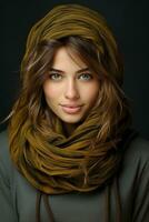 portrait of a beautiful young woman in a brown scarf on a black background generative ai photo