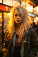 portrait of a beautiful young woman with long blonde hair standing in front of a bus stop at sunset generative ai photo