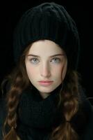 portrait of a beautiful young woman with long braids and a black beanie on a black background generative ai photo