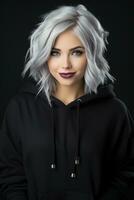 portrait of a beautiful young woman with white hair and a black hoodie on a black background generative ai photo