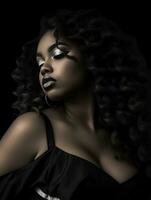 a beautiful black woman with long curly hair and black makeup generative ai photo