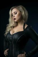 a beautiful blonde woman in a black leather corset generative ai photo
