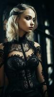 a beautiful blonde woman in a black lace corset generative ai photo