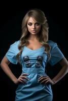 a beautiful blonde woman in a blue dress standing with her hands on her hips generative ai photo