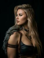 a beautiful blonde woman in a leather outfit with a fur collar generative ai photo