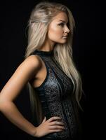 a beautiful blonde woman in a leather dress generative ai photo