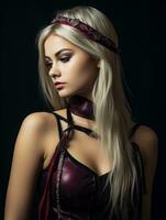 a beautiful blonde woman in a leather dress and headband generative ai photo