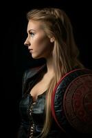 a beautiful blonde woman in a leather outfit holding a shield generative ai photo