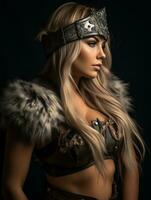 a beautiful blonde woman in a viking costume generative ai photo