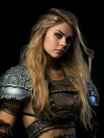 a beautiful blonde woman in armor posing for the camera generative ai photo