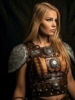 un hermosa rubia mujer en un vikingo disfraz generativo ai foto
