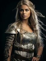 a beautiful blonde woman in armor with long hair generative ai photo