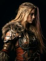 a beautiful blonde woman in armor standing in front of a black background generative ai photo