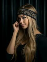 a beautiful blonde woman wearing a headband on a black background generative ai photo