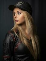 a beautiful blonde woman wearing a leather jacket and hat generative ai photo