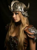 un hermosa rubia mujer vistiendo un vikingo casco generativo ai foto