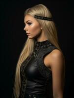 a beautiful blonde woman with long hair in a leather outfit generative ai photo