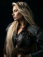 a beautiful blonde woman with long blonde hair in a leather outfit generative ai photo