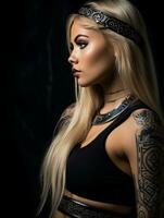 a beautiful blonde woman with tattoos on her arms generative ai photo