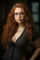 a beautiful red haired woman with glasses posing for the camera generative ai photo