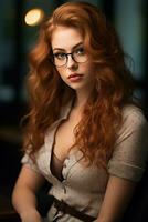 a beautiful red haired woman with glasses sitting at a table generative ai photo