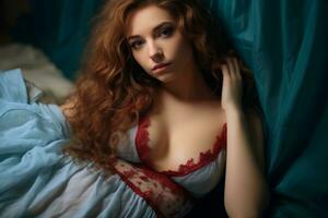 a beautiful redhead woman in a blue dress laying on a bed generative ai photo