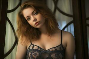 a beautiful redhead woman in a black lace top generative ai photo