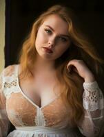 a beautiful redhead woman in a white dress generative ai photo