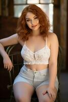 a beautiful redhead woman in a white bra top and denim shorts generative ai photo