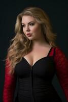 a beautiful woman in a black and red bodysuit generative ai photo