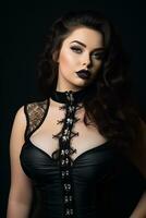a beautiful woman in a black corset and black makeup generative ai photo
