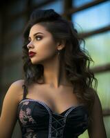 a beautiful woman in a corset with red lips generative ai photo